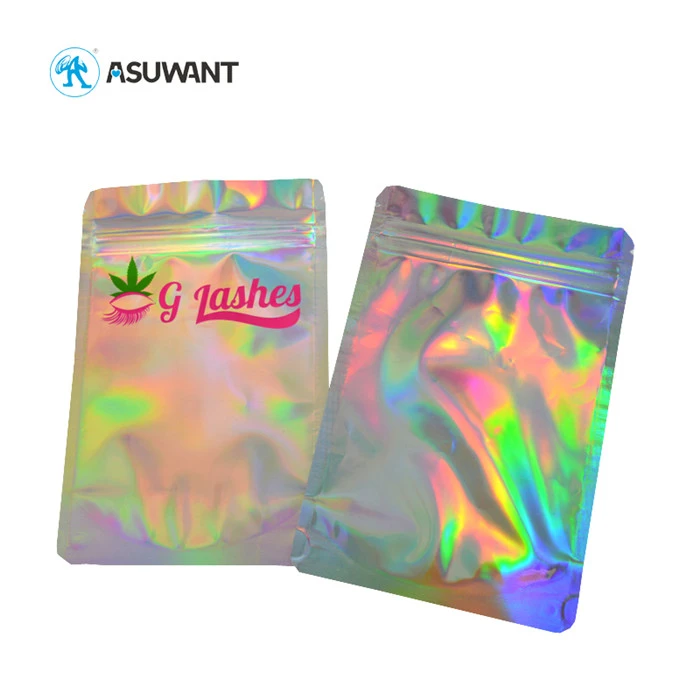 Custom Holographic Laser Rainbow Packaging Smell Proof Resealable Plastic Foil Mylar Zipper Lock Stand Up For Cosmetic