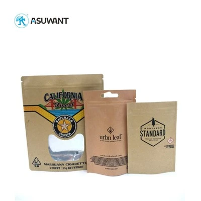 Återförslutningsbar brun Kraft Ziplock -väskor med ögonfönster, Kraft Stand Up Pouches Round Hole